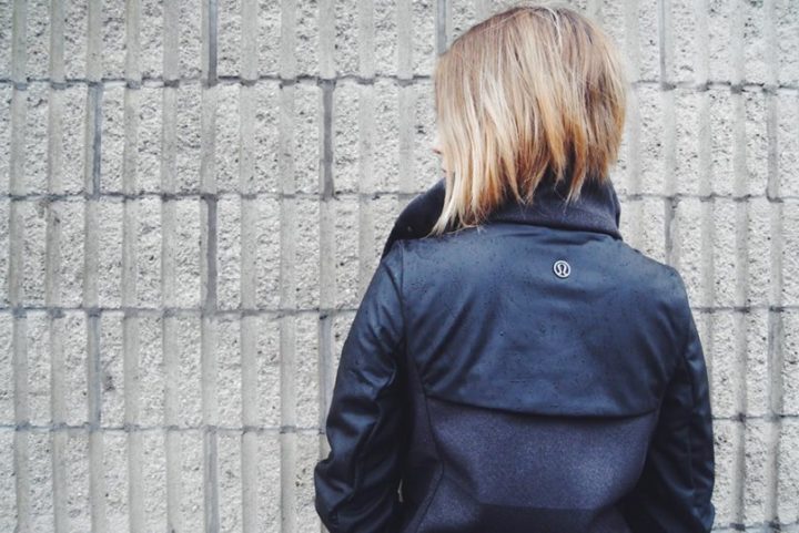 lululemon stripe bark chocolate black brisky biker jacket back