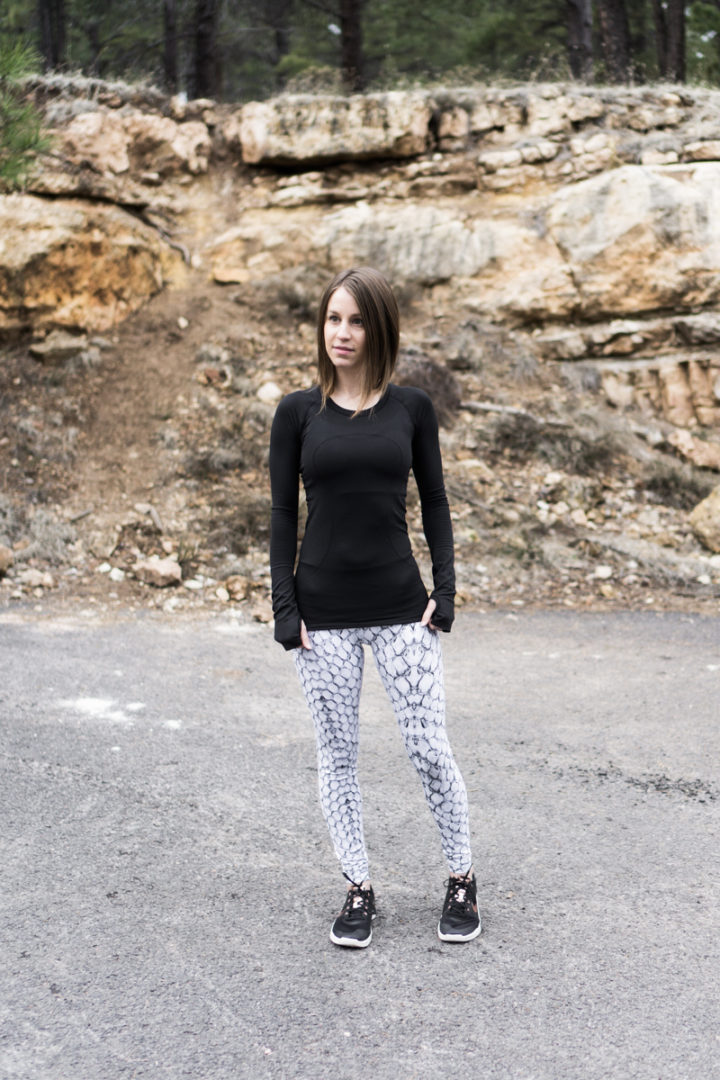 Snake print activewear look: Varley and Lululemon
