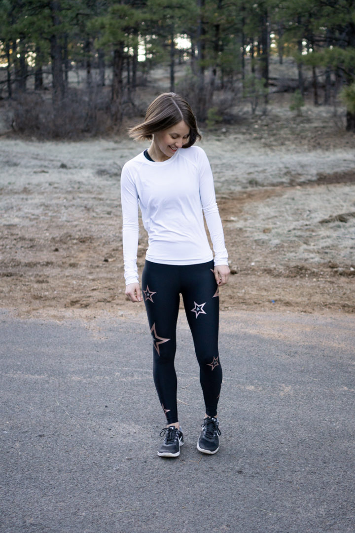 Workout outfit with rose gold star leggings